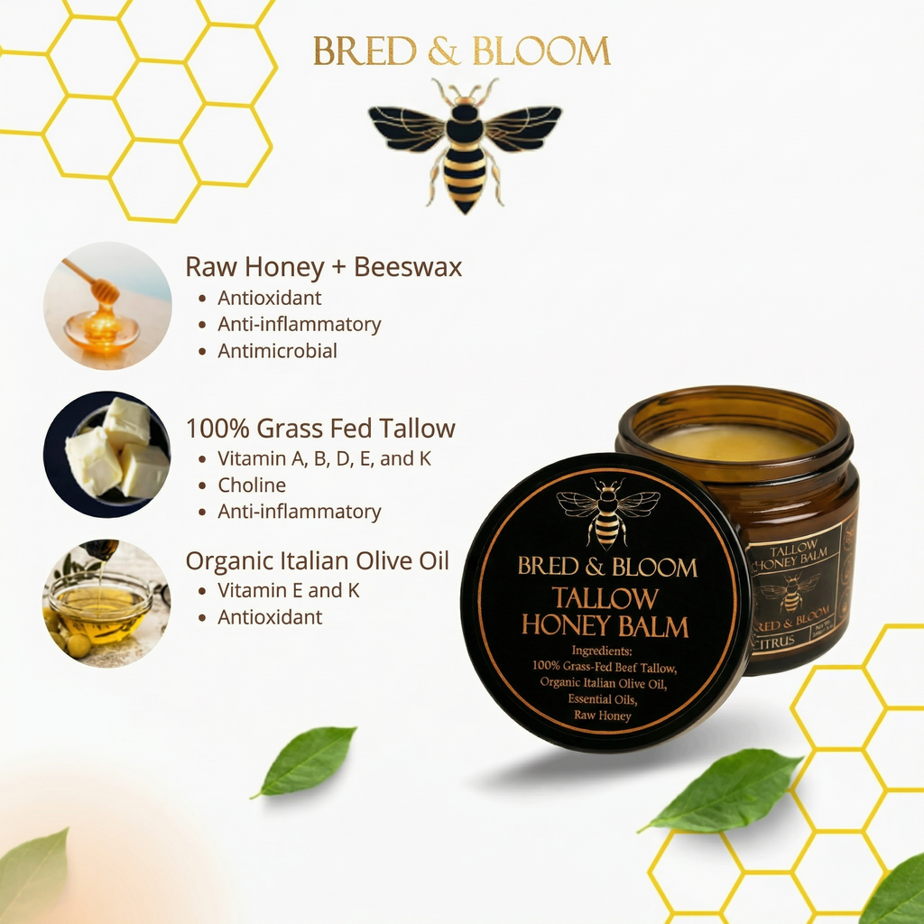 100% Grass-Fed Beef Tallow Balm with Raw Honey